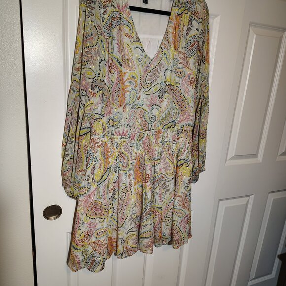 Boston Proper Paisley Bell Sleeves Metallic Threaded Mini Dress Smocked Waist - Picture 5 of 14